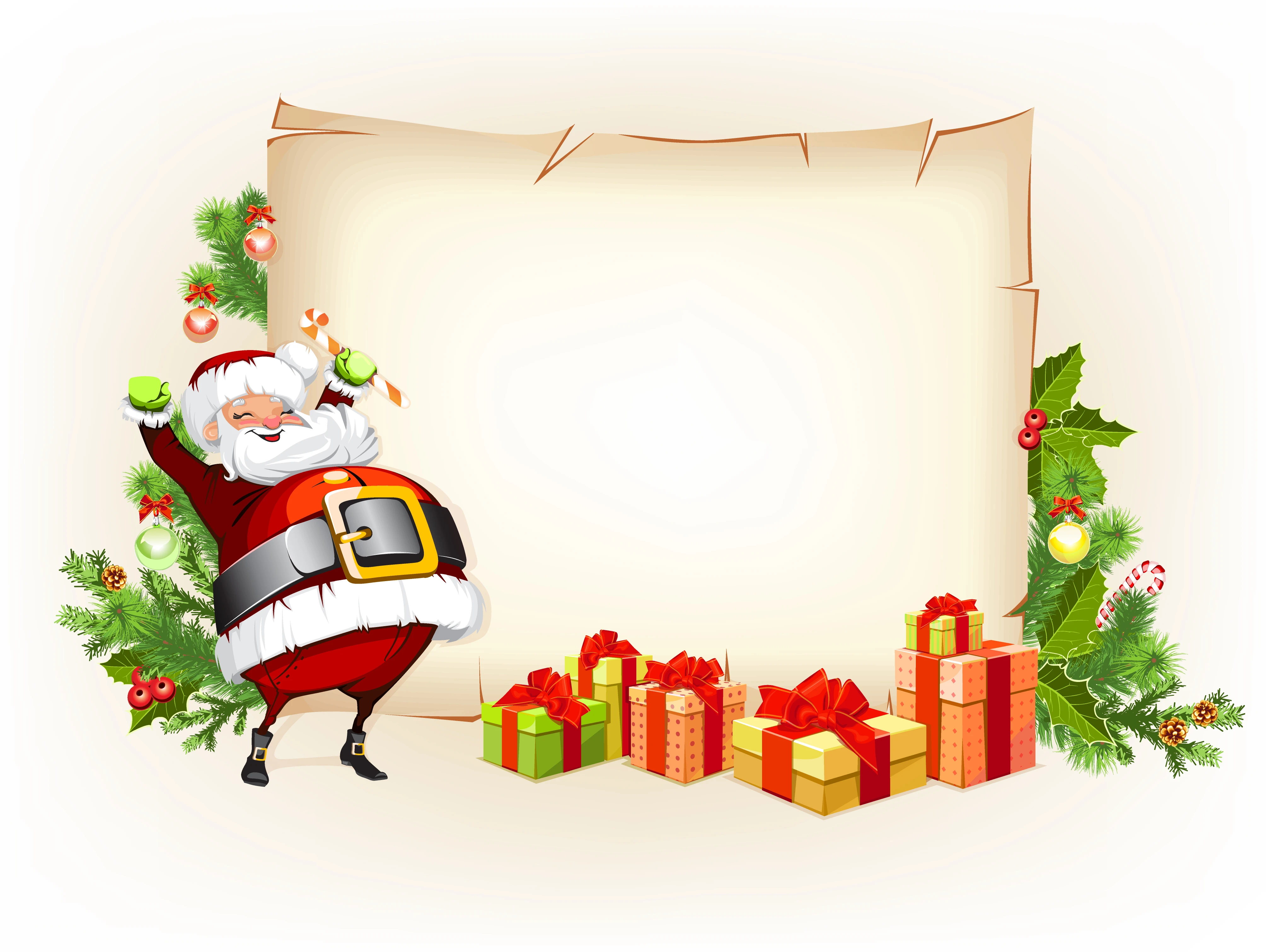 Santa Claus holding candy and standing beside scroll for gifts