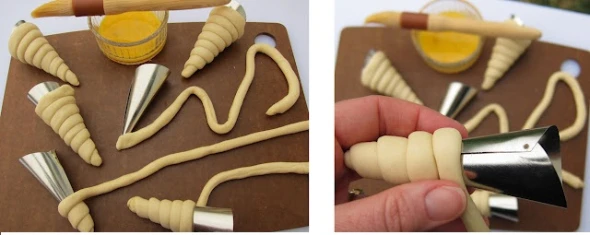 Τυλίξτε την ζύμη γύρω από την μεταλλική άκρη του κορνέ